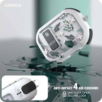 WENEW for AirPods Pro 3 Case (2025) Cover Secure Lock Automatic Snap Switch Clip Cleaner Kit Lanyard Women Stylish Flower Hard Shell Full Body Front LED Visible (Green Leaves, AirPods Pro 3) - color: Green Leaves, size: AirPods Pro 3