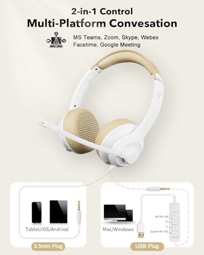 JIAMQISHI USB Headset with Microphone for PC, On-Ear Computer Laptop Headphones with Noise Cancelling Mic in-line Control for Home Office Online Class Zoom (USB+3.5mm, White) - color: White, style: USB+3.5mm