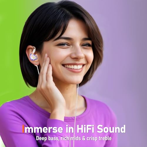 Audiovance Vibes 202ML HiFi 유선 이어버드, 아이폰 14/13/12/11/X, 프로 맥스용 | 마이크가 있는 인이어 헤드폰, 선명한 사운드, 딥 베이스, 소음 차단 이어버드, 실버 도금 코드, 편안한 핏, 케이스 - color: A-라이트 퍼플