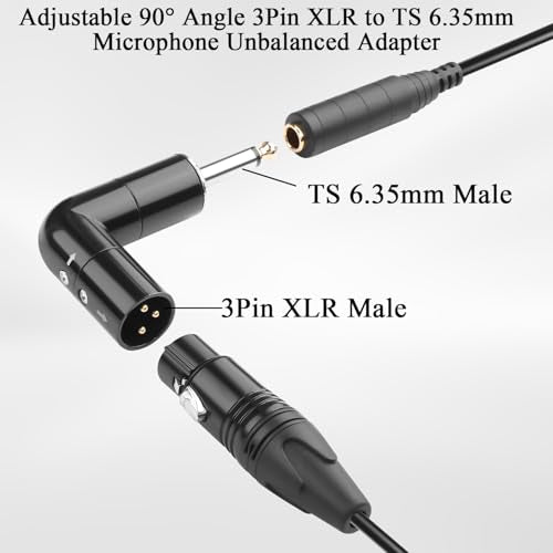 QIANRENON Adjustable 90° Angle XLR to TS 6.35mm Microphone Unbalanced Adapter 3Pin XL-R Male to 1/4" TS Male Mono Right Angle Audio Connector XLR Direction 360° Change, for Guitar Mixer Amplifier