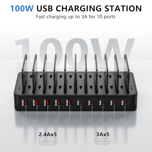 USB C Charging Station for Multiple Devices, 10-Port 100W Charging Dock, with Adjustable Dividers, USB-C Power Hub, Compatible with iPhone/Samsung/Google/Tablets/USB Devices (with 10 Cables)