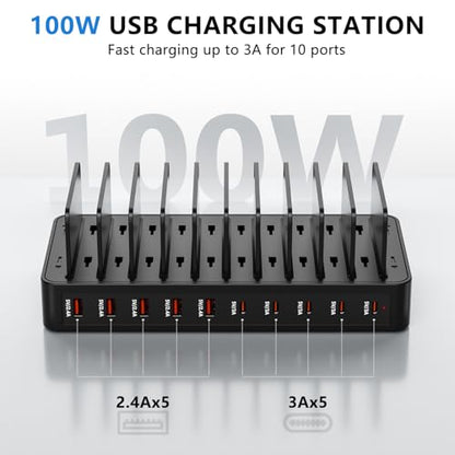USB C Charging Station for Multiple Devices, 10-Port 100W Charging Dock, with Adjustable Dividers, USB-C Power Hub, Compatible with iPhone/Samsung/Google/Tablets/USB Devices (with 10 Cables)