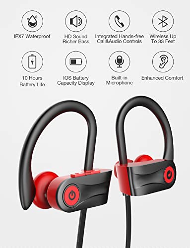 Otium Wireless Bluetooth 5.3 Sport Headphones Built-in Mic in Ear Running Headset with Earhooks 16 Hours Playtime - color: Red