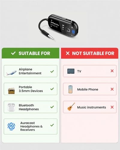 Avantree Voyager Airplane Bluetooth Adapter with OLED Display | Easy Pairing for AirPods, Bose & Bluetooth Headphones, aptX Adaptive & Auracast Audio Transmitter for Flights & Travel - color: Black