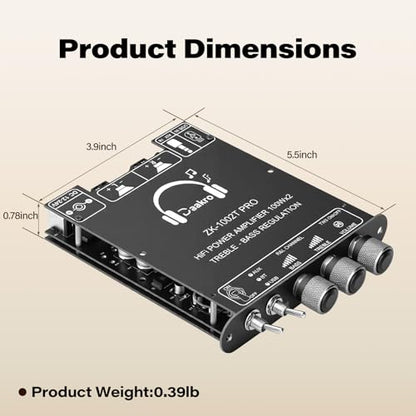 Daakro ZK-1002T PRO 2.0 Channel Bluetooth 5.3 Amplifier Board 200W HiFi Audio AMP with Treble and Bass, TWS,BT USB and AUX Inputs, DC 12-24V 2.0 Channel Stereo AMP Module for DIY Speakers - color: ZK-1002TPRO