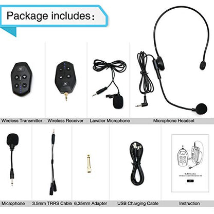 Lavalier Microphone Wireless&Wired Lapel Mic Set for Voice Amplifier Pa System Pa Speaker Video DSLR Camera Recording ect Mini Portable Clip On Rechargeable Transmitter with Receiver