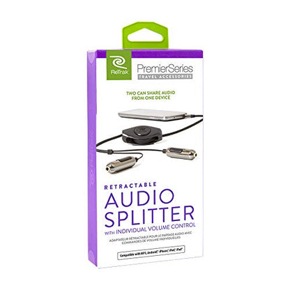 ReTrack ETPRSPLIT Retractable Premier 5-Feet Audio Splitter Cable with Volume Controls, Black/Silver - color: Black/Silver