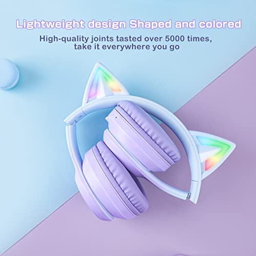 Bluetooth RGB Cat Ear Headphones, Foldable/Built-in Mic, A Purple | Wireless/wired, clear Hi-Fi sound, breathing lights, for kids/adults/girls/school/gaming, works with phone/laptop/PC/tablet - color: Gradient Purple