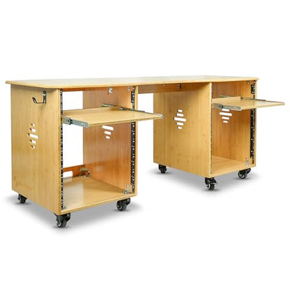 Sound Town Studio Desk Workstation with Dual 13U Side Rack Cabinets, Slide-Out Trays, Casters, for Recording Rooms and Home, Solid Carbonized Bamboo (SDRK-WS69CB) - size: 2X13U(3U Top+10U Lower),Carbonized Bamboo