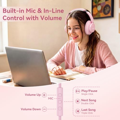 Wired Headphones with Microphone, Over Ear Lightweight Foldable 3.5mm Plug in Corded Headphones Wired with Volume Control, 4.9ft Tangle-Free Cord for Tablet Laptop MP3/4 School Travel Pink | Wired Over Ear Foldable Corded Headphones for Teens Classroom Tr