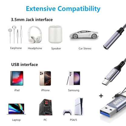 AVMAX USB C to 3.5mm Audio Headphone Adapter HiFi 2 Pack,Type c to Aux Female Cable for 16 15 Plus, S24 S23 S22 S21 S20 and More Type c Devices - style: Classic Gray2