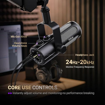 FIFINE XLR/USB Dynamic Microphone Kit with Boom Arm, Studio PC Mic with Monitoring, Headphones Jack, Mute Button, Metal Microphone Arm Stand with 3/8” to 5/8” Screw Adapter for Recording-Tank6+CS1