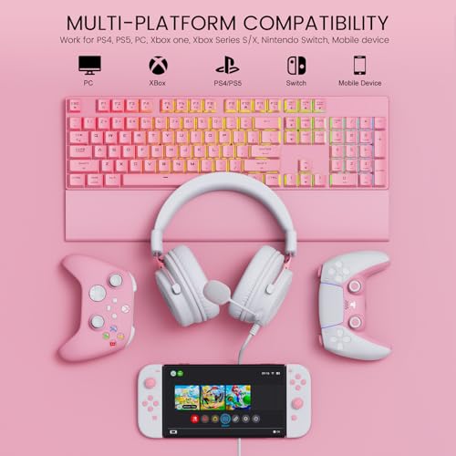 EKSA E900 Wired Gaming Headset with Microphone for PS4, PS5, Xbox | Detachable Noise Canceling Mic, 3D Surround Sound, Wired Headphone for PS4, PS5, Xbox, Computer, Laptop, Switch, Handheld - color: Pink