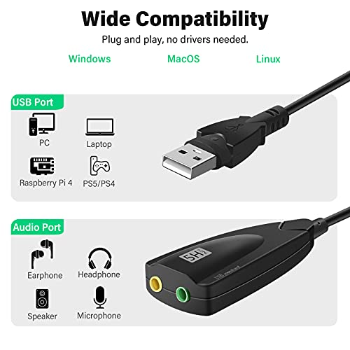 USB Stereo Sound Card, USB 7.1 External Audio Sound Adapter Card 5Hv2 Channel Converter to 3.5mm Headphone Microphone Jack for Mac, PC, Windows.