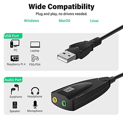 USB Stereo Sound Card, USB 7.1 External Audio Sound Adapter Card 5Hv2 Channel Converter to 3.5mm Headphone Microphone Jack for Mac, PC, Windows.
