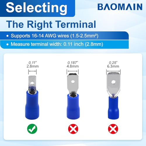 BAOMAIN 0.11" Male Quick Disconnect Spade Terminals 16-14 AWG 100-Pack | Blue Insulated Tin-Plated Crimp Connectors for 16-14 AWG Electrical Wiring. Fits 0.11" 2.8mm Female Spade Terminals - size: Male