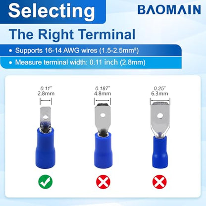 BAOMAIN 0.11" Male Quick Disconnect Spade Terminals 16-14 AWG 100-Pack | Blue Insulated Tin-Plated Crimp Connectors for 16-14 AWG Electrical Wiring. Fits 0.11" 2.8mm Female Spade Terminals - size: Male