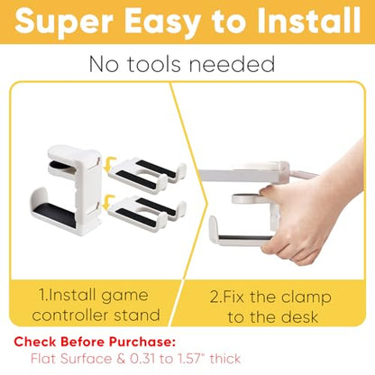 3-in-1 Under Desk Headphone Hanger with Adjustable Clamp Mount, 2 Controller Slots & 1 Headset Universal Holder Stand, Rotatable Hook Rack & Cable Organizer, for Home Gaming Xbox ps5 - White - size: White - 1 Headphone & 2 Controllers