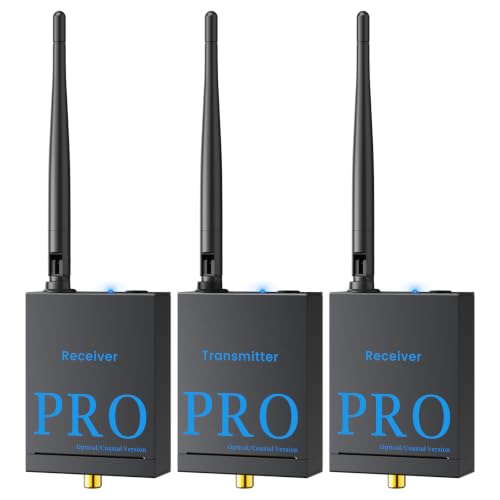 1Mii 3-in-1 2.4Ghz Wireless Audio Transmitter Receiver (1 TX+2 RX) | For 2 Powered Speaker/Power Amplifier, 20ms Low Latency, 328ft Range, Optical/Coaxial/3.5mm(RCA) Audio Input/Output