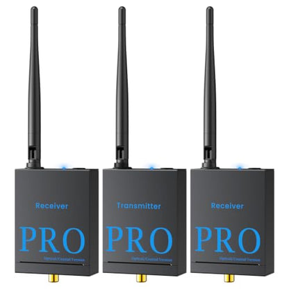 1Mii 3-in-1 2.4Ghz Wireless Audio Transmitter Receiver (1 TX+2 RX) | For 2 Powered Speaker/Power Amplifier, 20ms Low Latency, 328ft Range, Optical/Coaxial/3.5mm(RCA) Audio Input/Output
