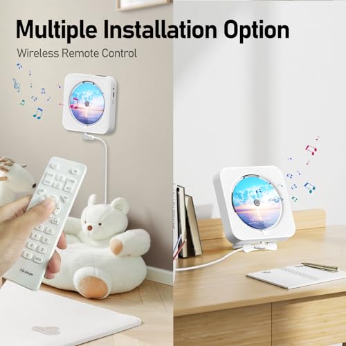 MICOCIOUS Bluetooth Portable Home CD Music Player with Remote Control, Timer, Built-in Speakers and LED Display - FM Radio Boombox (White) - color: White