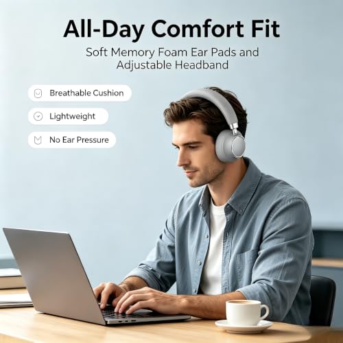 Active Noise Cancelling Headphones, Bluetooth 5.3 Over Ear Wireless Headphones with 40mm HiFi Drivers, CVC8.0 Mic, 50H Playtime, Protein Leather Comfort Earpads for Travel, Office and Commute - color: Grey