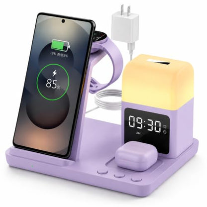 Wireless Charger for Samsung/Android Charging Station, 6 in 1 Fast Watch Charger with Alarm Clock-Night Light, Compatible for Galaxy S25 Ultra/S24, Only for Samsung Watch8/7, Galaxy Buds3 Pro(Purple) - color: Purple