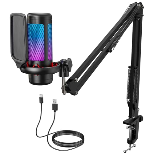 TONOR Gaming Microphone Set with Boom Arm, Vocal Condenser Microphone for Content Creators, USB Mic for PC with Stand, RGB, Tap Mute, Gain Control, Gaming Equipemnt, Twitch, Streaming, TC310+ | Boom Arm Set, USB Mic with Controllable Light, One Tap Mute,