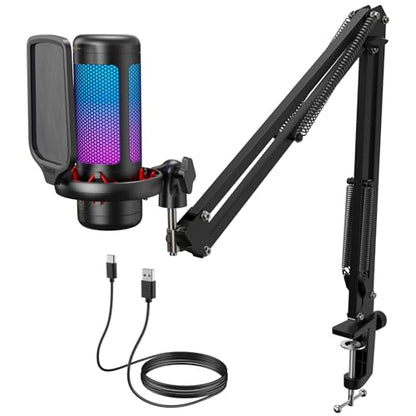 TONOR Gaming Microphone Set with Boom Arm, Vocal Condenser Microphone for Content Creators, USB Mic for PC with Stand, RGB, Tap Mute, Gain Control, Gaming Equipemnt, Twitch, Streaming, TC310+ | Boom Arm Set, USB Mic with Controllable Light, One Tap Mute,