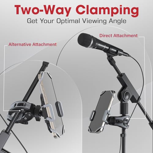 Crescendo CR-30 SlimClip Mic Stand Phone Holder, iPhone Clamp Mount, Pole Phone Mount, Microphone, Music or Drum Stand, Mic/Phone Clip - for iPhone, Samsung Galaxy, Pixel, Any Smartphone (Grey) - color: Grey