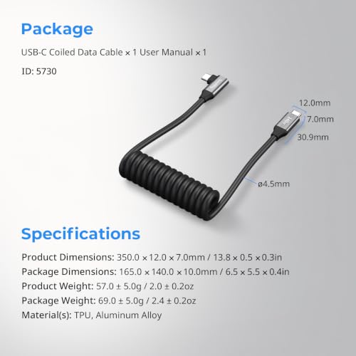SmallRig USB C to USB C Coiled Data Cable (Straight to Angled), 240W PD 3.1 Fast Charging Cable, USB 2.0 Data Transfer, TPU Coiled Design, Aluminum Alloy Shell for iPhone, Laptops, Tablets & More-5730 - size: 240W / 1.15FT-4.92FT, style: Straight to Angle