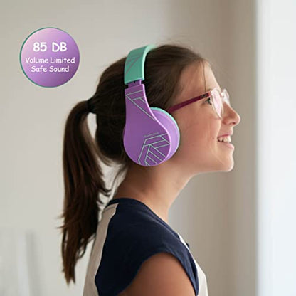 PowerLocus Bluetooth Headphones for Kids, Wireless Foldable Headphones Over Ear, Headphone with Microphone, 85DB Volume Limit, Wireless and Wired Headset with Micro SD, FM for Cellphones, Tablets, PC - color: Teal/Purple
