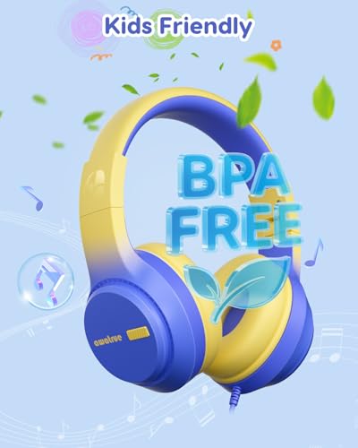 awatrue Kids Headphones for School, 74‑85‑94dB, 3.5mm Jack, HK07 | Foldable Wired Over Ear Headphones, for Toddler School/Travel/iPad/Tablet, Blue-Yellow - color: Blue Yellow