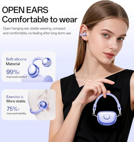 Clip-On Open Ear Earbuds for Women, Bluetooth 6.0 Wireless Earbuds with Hi-Fi Stereo Sound, Lightweight Headphones for Small Ears, Comfortable All-Day Wear, 40H Playtime, USB-C, Daily Use - color: Purple
