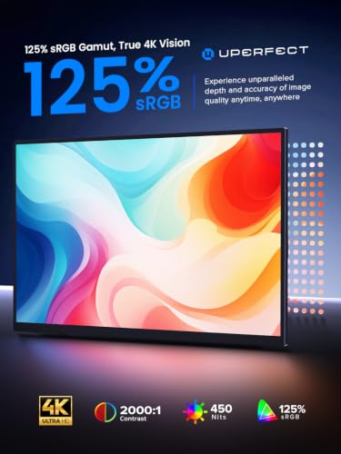 UPERFECT 4K Portable Monitor Touchscreen, 15.6” 125% sRGB Laptop Monitor | 3840*2160 UHD, 450 Nits Ultra-Slim Monitor, USB-C & MINI HDM, VESA & Stand, Travel Screen for Computer, PC, Game Consoles - size: 15.6"
