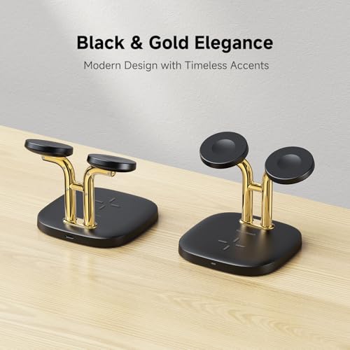 3 in 1 Dual Watch Wireless Charger Stand for Apple Watch Ultra/11 & AirPods | Dual magnetic watch charging, 5W Fast watch charge, Ergonomic design, Chrome plated plastic stand, Multi safety guard, 704A - color: Black & Gold