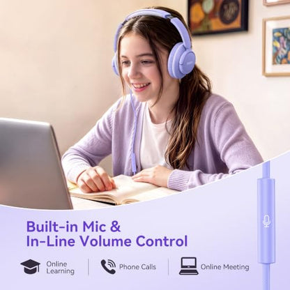 KVIDIO Wired Headphones with Mic, 3.5mm Plug Headphones for School Purple - color: Purple White