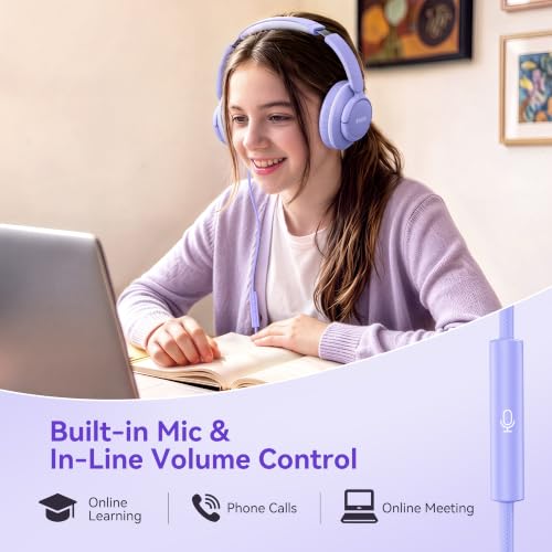 KVIDIO Wired Headphones with Mic, 3.5mm Plug Headphones for School Purple - color: Purple White