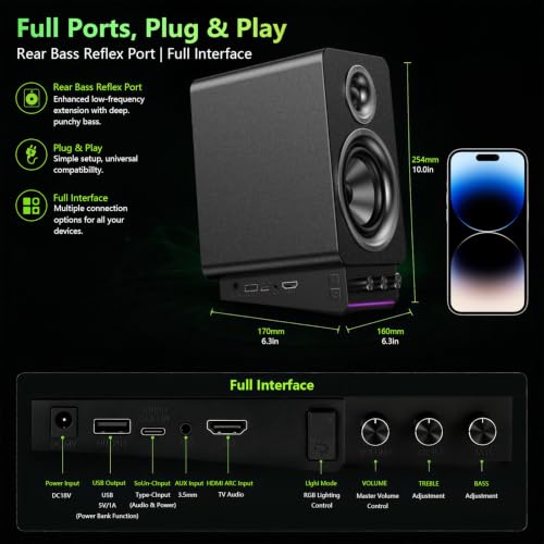 HiFi Bluetooth Bookshelf Speakers, MDF Wooden with HDMI ARC | PC computer speakers with USB DAC, silk dome tweeter, 3.5" woofer, DSP, AUX, treble/bass adjustment, and RGB lights - color: Black-1