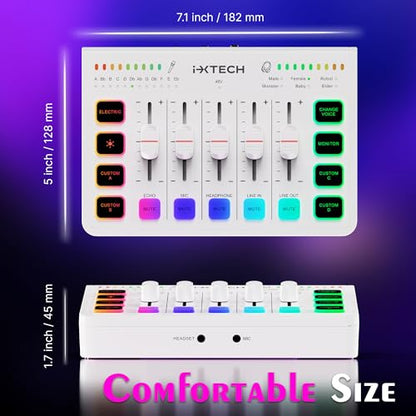 IXTECH Gaming Audio Mixer 4 Channel Soundboard, Streaming RGB PC Audio Interface with XLR Microphone Support, Audio Equalizer for Gaming Podcast Streaming Karaoke, Individual Volume Controls (White)