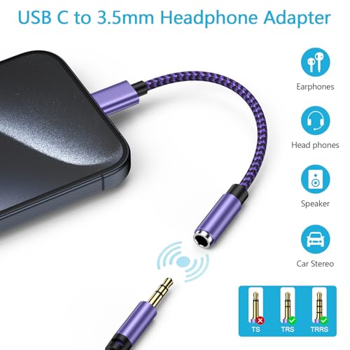 for iPhone 16e 17e 16 17 Pro Max Air, Headphone Earphone Jack Adapter | for iPhone 16 Plus, 15, 15 Pro, 15 Pro Max, 15 Plus, USB C to 3.5mm Headset Earbud Audio Adapter for Samsung Galaxy S25 Ultra - color: Purple
