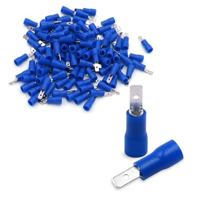 BAOMAIN 0.11" Male Quick Disconnect Spade Terminals 16-14 AWG 100-Pack | Blue Insulated Tin-Plated Crimp Connectors for 16-14 AWG Electrical Wiring. Fits 0.11" 2.8mm Female Spade Terminals - size: Male