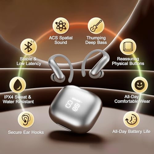 Sport Earbuds with Ear Hook 66hrs Playtime with LED Display Case, Wireless Bluetooth 6.0, Sports Over The Ear Earbuds, IPX4 Gym Workout Running Headphones, Deep Bass & Stereo Sound. - color: Gary
