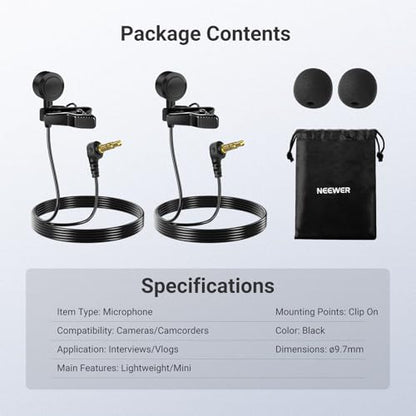 NEEWER ø9.7mm Lavalier Microphone (2 Pack), 3.5mm TRS Clip On Lapel Wired Omnidirectional Condenser Lav Mic with 1.5m Cable & Windscreen for Video Recording, Vlogging, Filming, LM10