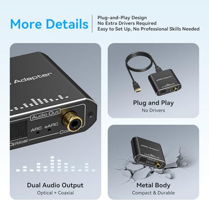 VPFET HDMI eARC Audio Extractor Only Work for HDTV ARC/eARC Audio Adapter Converter HDTV Audio Transmitted via Toslink+Coaxial ports Support 192KHZ for Soundbars Home Theaters and Audio Systems No CEC - size: EARC to Optical Coaxial