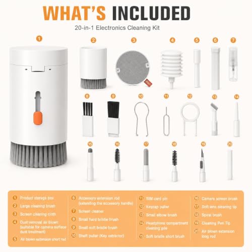 Keyboard Cleaning Kit, 20 in 1 Electronics Cleaning Kit with Retractable Brush and 2.5ml Mist Spray, Multi-Tool for iPhone, AirPods, MacBook, iPad, Headphones, Camera Lens, Computer, Monitor and TV