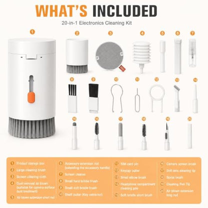 Keyboard Cleaning Kit, 20 in 1 Electronics Cleaning Kit with Retractable Brush and 2.5ml Mist Spray, Multi-Tool for iPhone, AirPods, MacBook, iPad, Headphones, Camera Lens, Computer, Monitor and TV