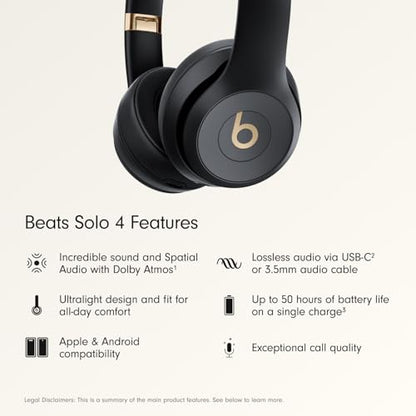 Beats Solo 4 - Wireless On-Ear Bluetooth Headphones, Up to 50-Hour Battery Life, Ultra-Lightweight Comfort, Powerful and Balanced Sound, Apple & Android Compatible - Black & Gold - color: Black & Gold, style: Standalone