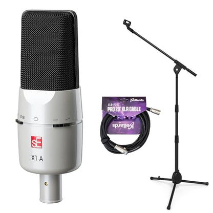 SE ELECTRONICS X1 A Medium-Diaphragm Cardioid Condenser Microphone (White 25th Anniversary Edition) Bundle with Kellards XLR-P20T Pro 20' XLR Microphone Cable and Microphone Stand with Boom