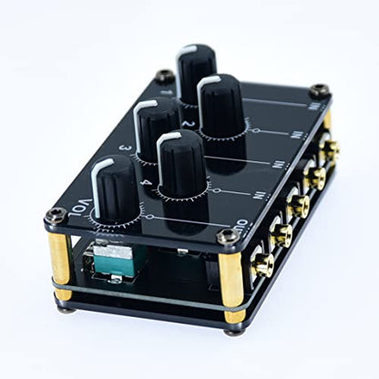 Multiple Input Mix 4 Way 1/8" inch in 1 Out Stereo Passive Mixer Headphone Sound Audio Speaker Splitter selector switcher 3.5mm udio Switch Box aux Loop Volume knob Control 3.5 mm Mixing Sharing